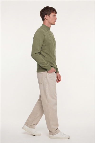 Erkek Zeytin Yeşili Dar Kesim Slim Fit Yünlü Yarım Balıkçı Yaka Triko Kazak