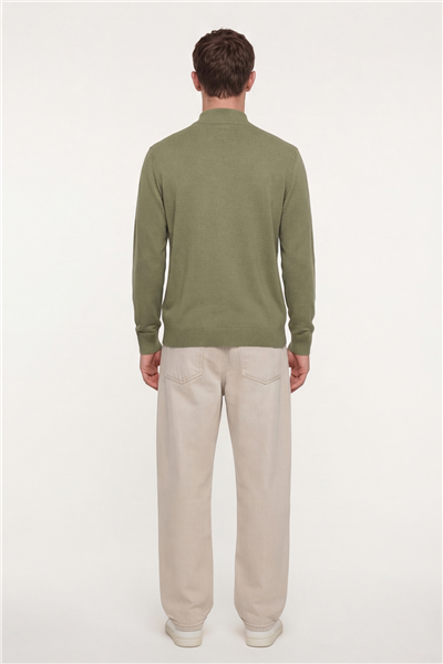 Erkek Zeytin Yeşili Dar Kesim Slim Fit Yünlü Yarım Balıkçı Yaka Triko Kazak