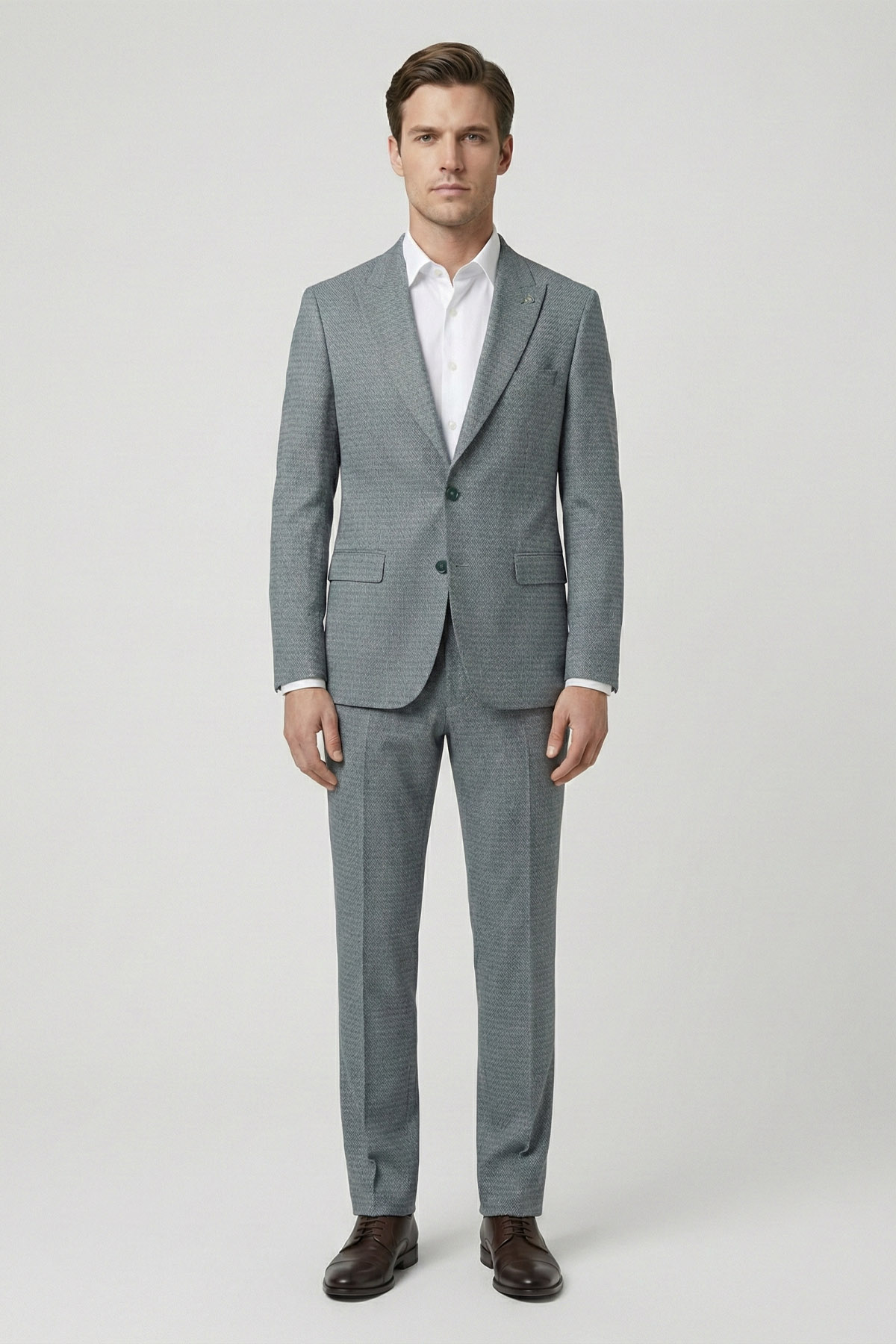 Erkek Yeşil Slim Fit Armürlü Mono Yaka Normal Bel 6 Drop Dokuma