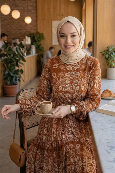 Alara Kiremit Desenli Elbise