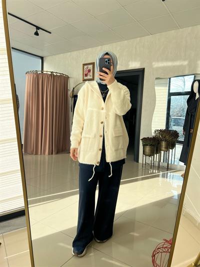 Angora Krem Kapşonlu Hırka