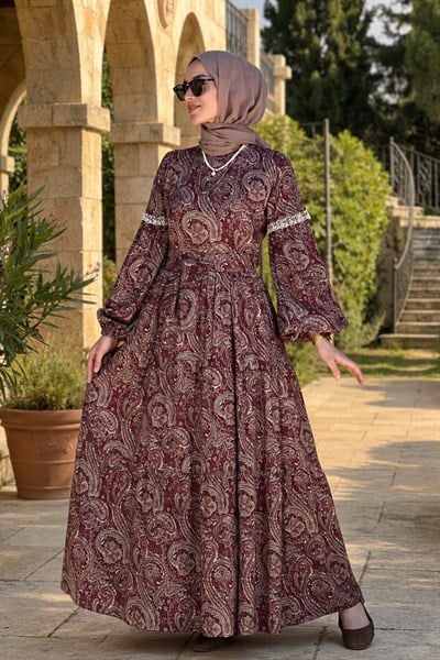Bilge Bordo Desenli Elbise