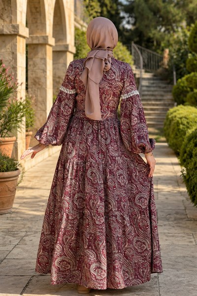 Bilge Bordo Desenli Elbise