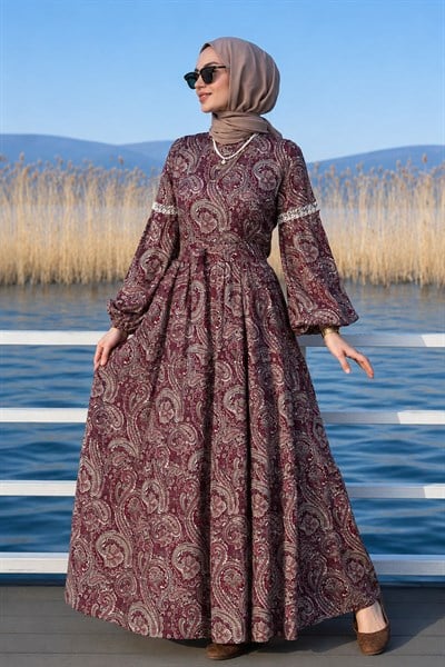 Bilge Bordo Desenli Elbise