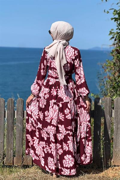 Bordo Çiçek Desenli Elbise