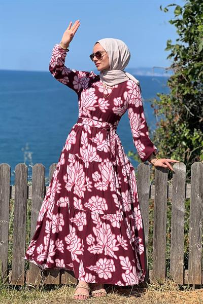 Bordo Çiçek Desenli Elbise