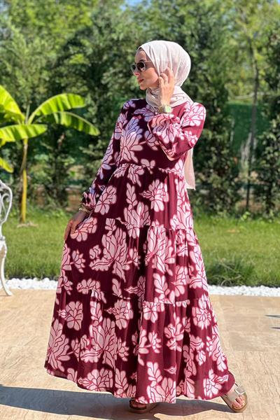 Bordo Çiçek Desenli Elbise
