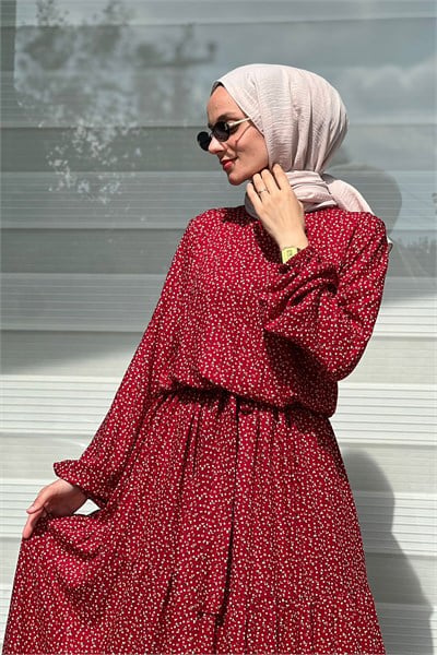 Bordo Çiçekli Elbise