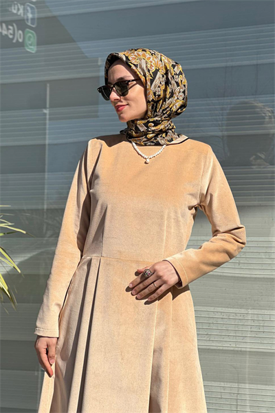 Camel Pileli Kadife Elbise