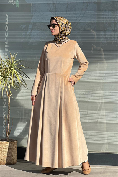 Camel Pileli Kadife Elbise