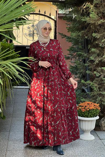 Duru Bordo Şal Desenli Büzgülü Elbise