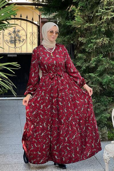 Duru Bordo Şal Desenli Büzgülü Elbise