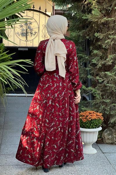 Duru Bordo Şal Desenli Büzgülü Elbise