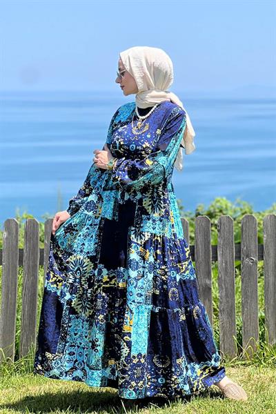 Gülce Mavi Desenli Elbise