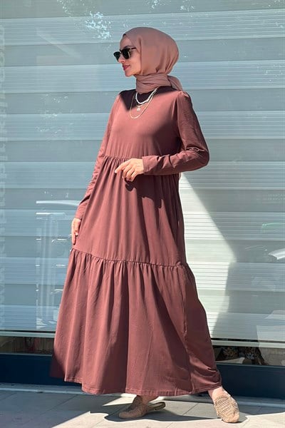 Kahve Büzgülü Pamuk Penye Elbise