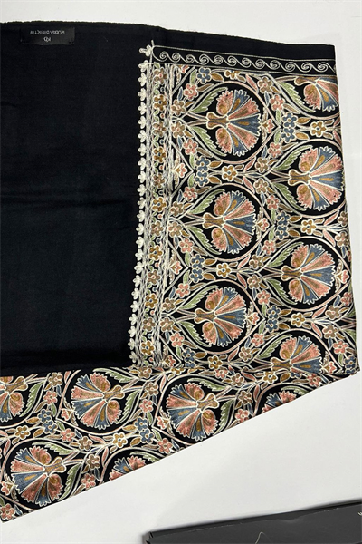 Mavi Desenli Yün İpek Şal