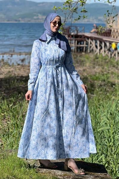 Miranda Mavi Desenli Elbise