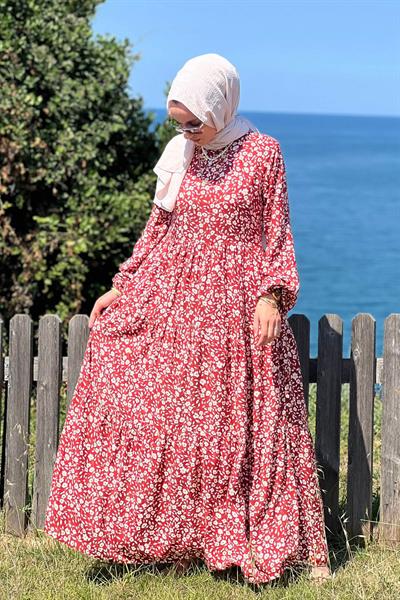 Nilüfer Bordo Çiçekli Elbise