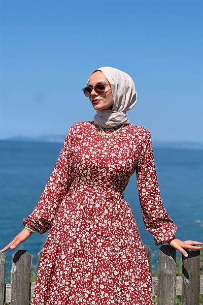 Nilüfer Bordo Çiçekli Elbise