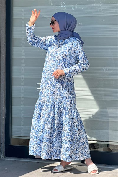 Seda Mavi Pamuklu Elbise Şal Hediye