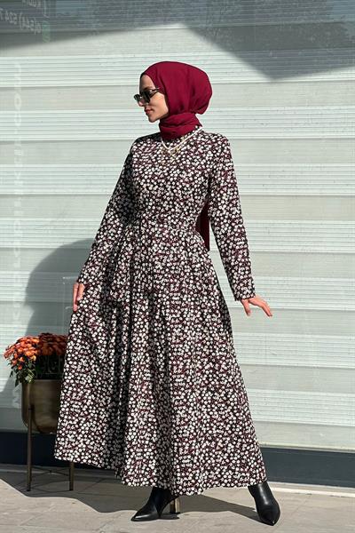 Siyah Poplin Çiçekli Elbise 