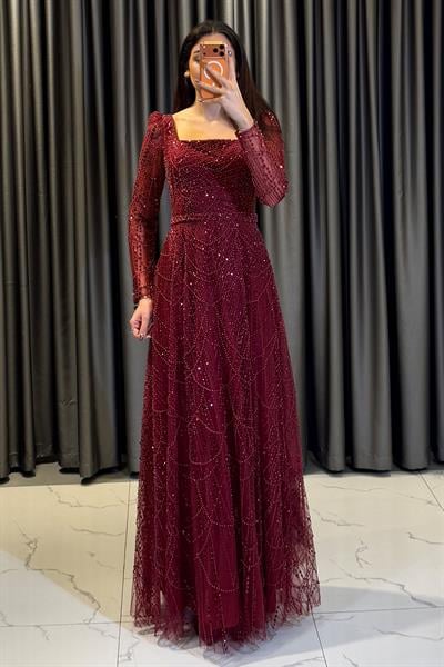  Taş İşlemeli Uzun Abiye BORDO