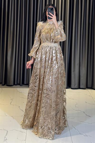 Pul Payet İşlemeli Tüy Detaylı Kristal Kumaş Abiye Gold