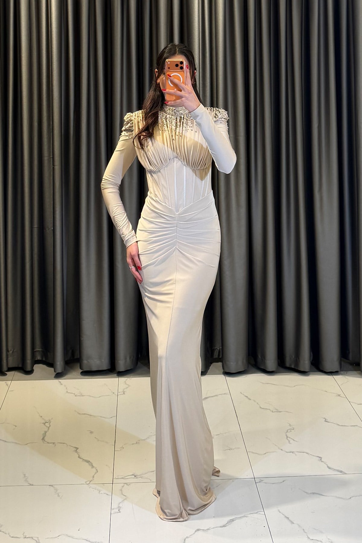 Korse Formlu Drape Abiye TAŞ RENGİ