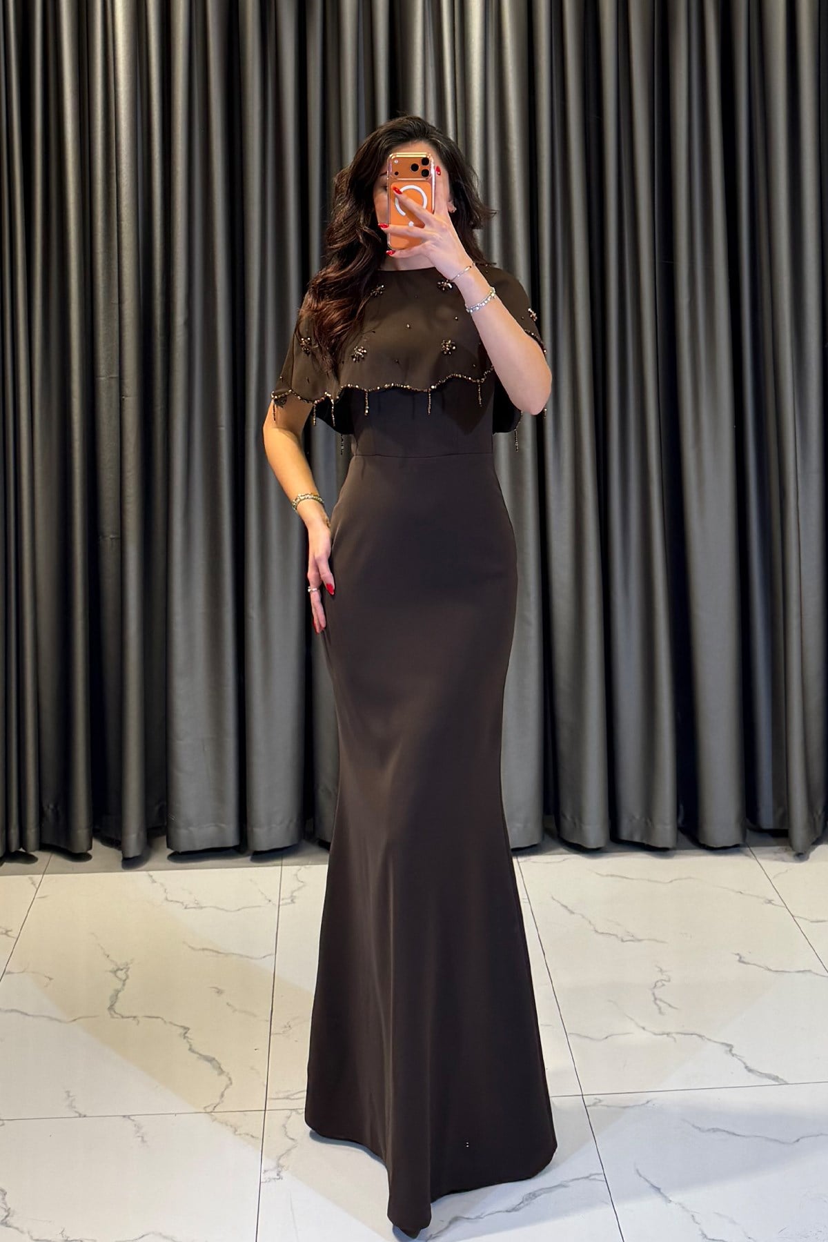 Taş İşlemeli Bolero Detaylı Abiye KAHVE