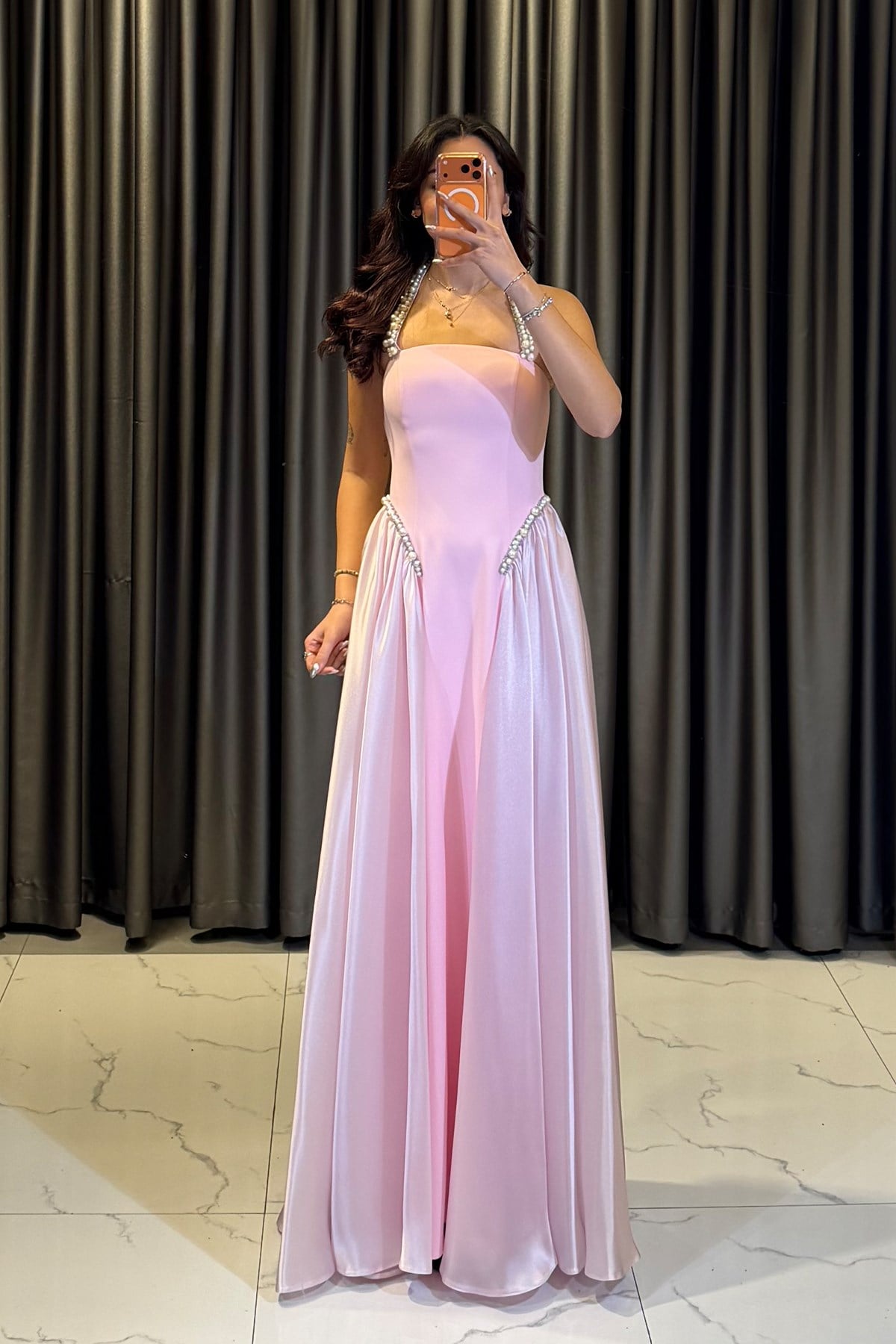 Çift Yan Taş İşlemeli Korse Detaylı Abiye Elbise PEMBE