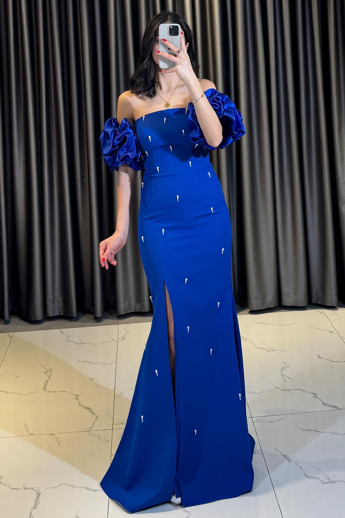 Straplez İnci Detaylı Balon Kollu Abiye Sax