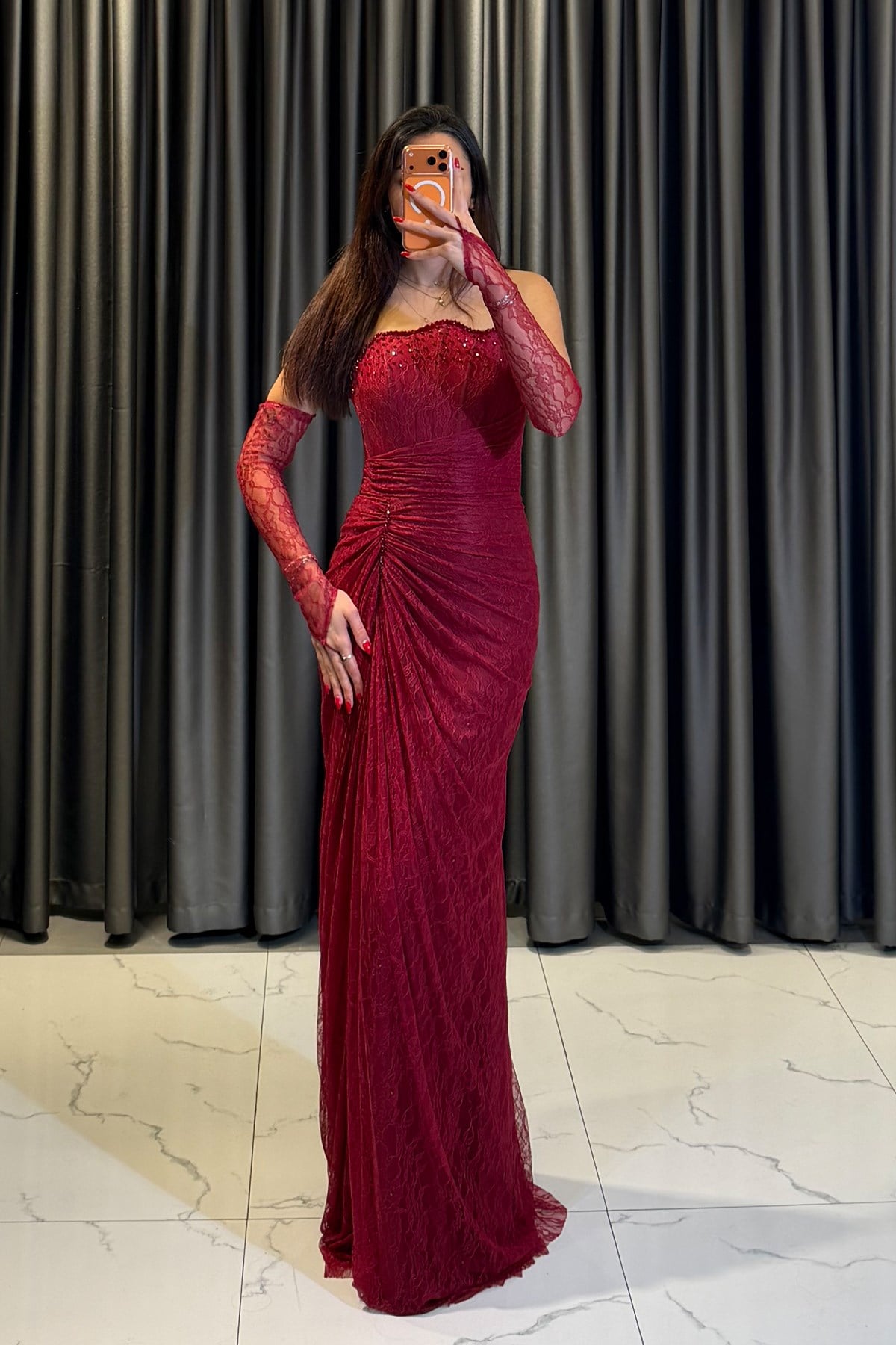 Straplez Uzun Balık Model Tasarım Abiye BORDO