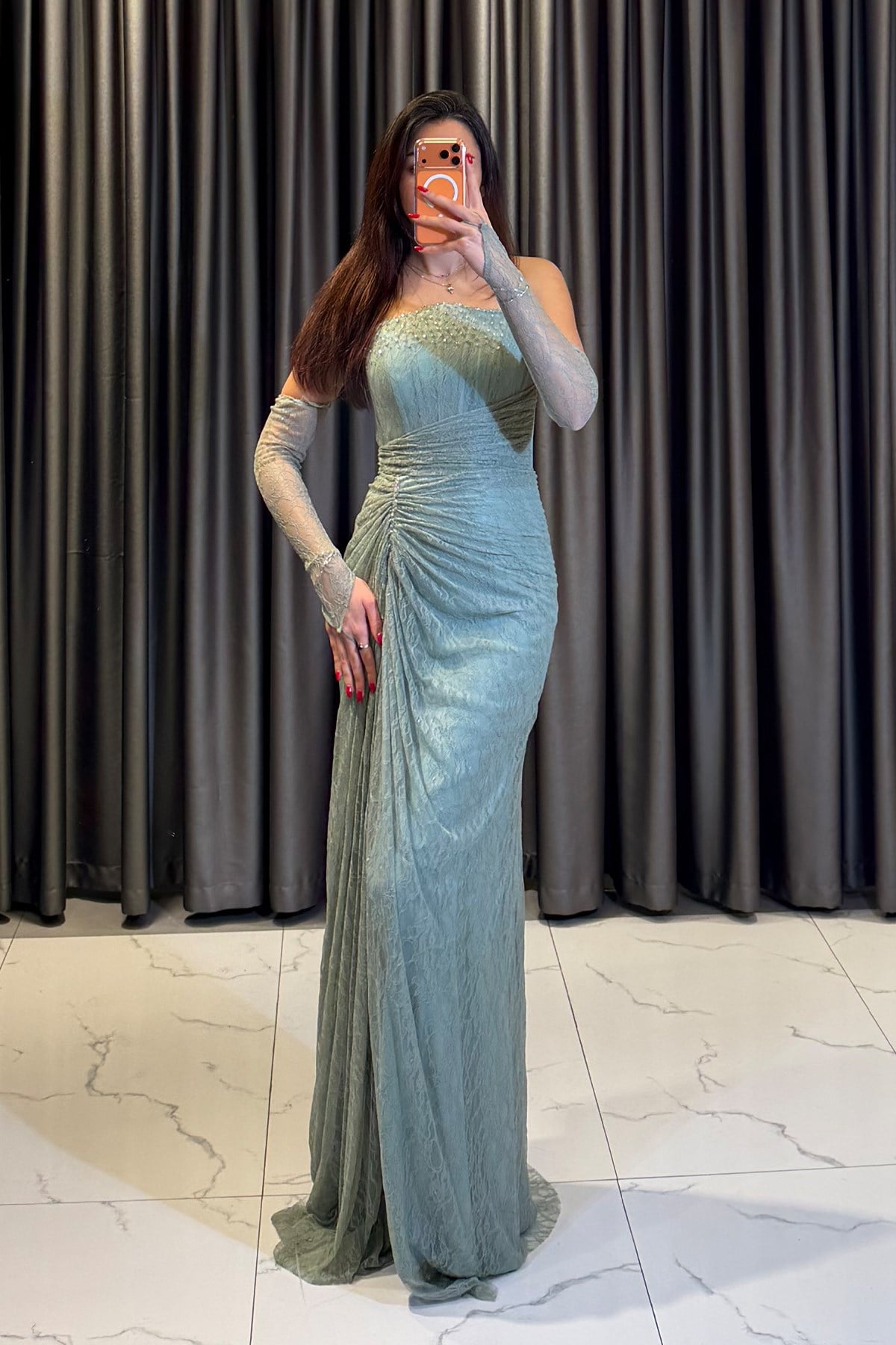 Straplez Uzun Balık Model Tasarım Abiye YEŞİL