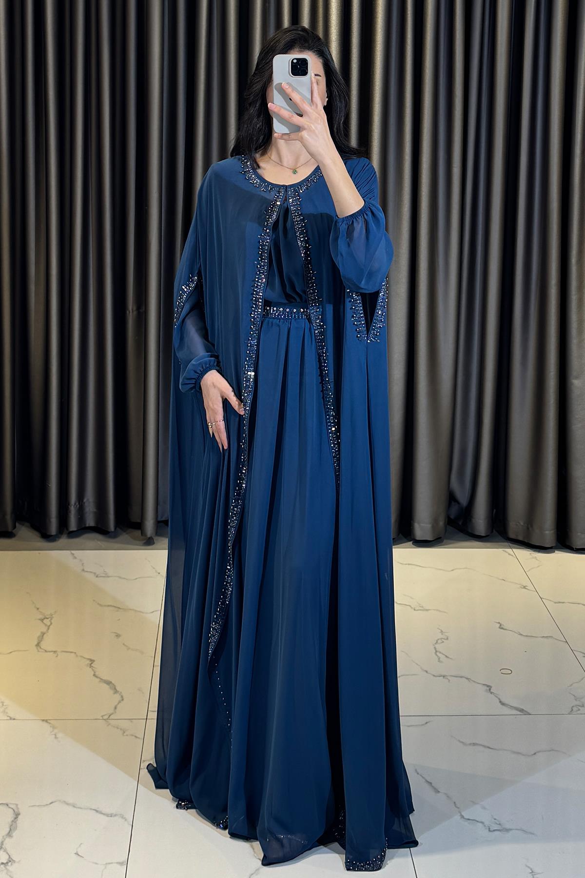 Taş Ve Boncuk Detaylı İçi Elbise Beli Kemerli Abaya İndigo