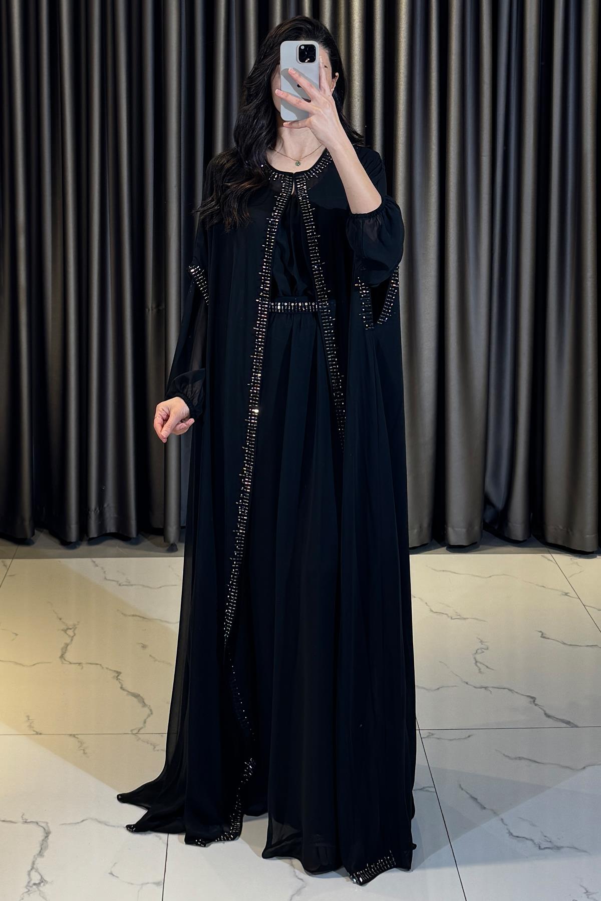 Taş Ve Boncuk Detaylı İçi Elbise Beli Kemerli Abaya Siyah
