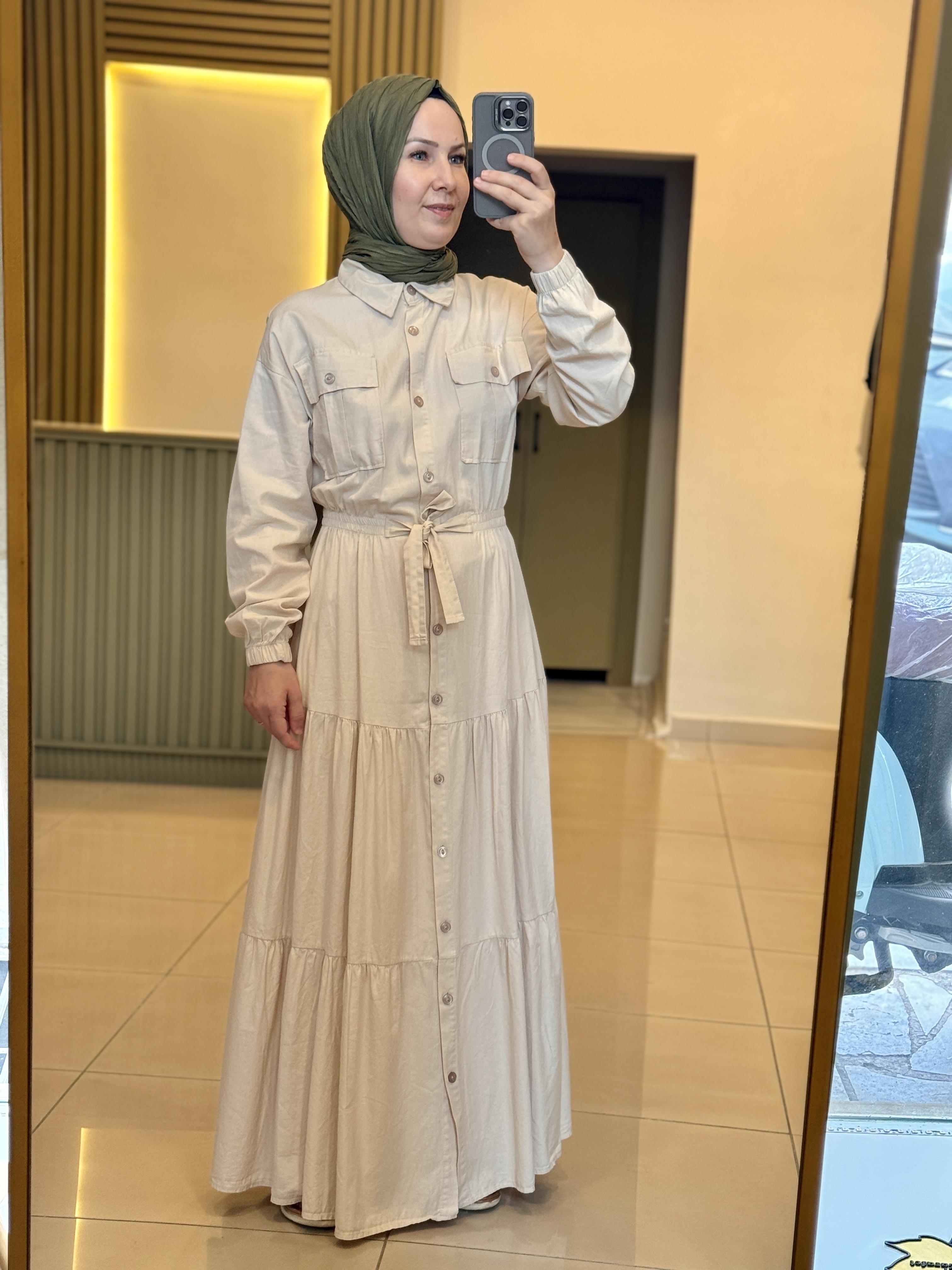 Gabardın Kumaş Cepli Elbise- krem