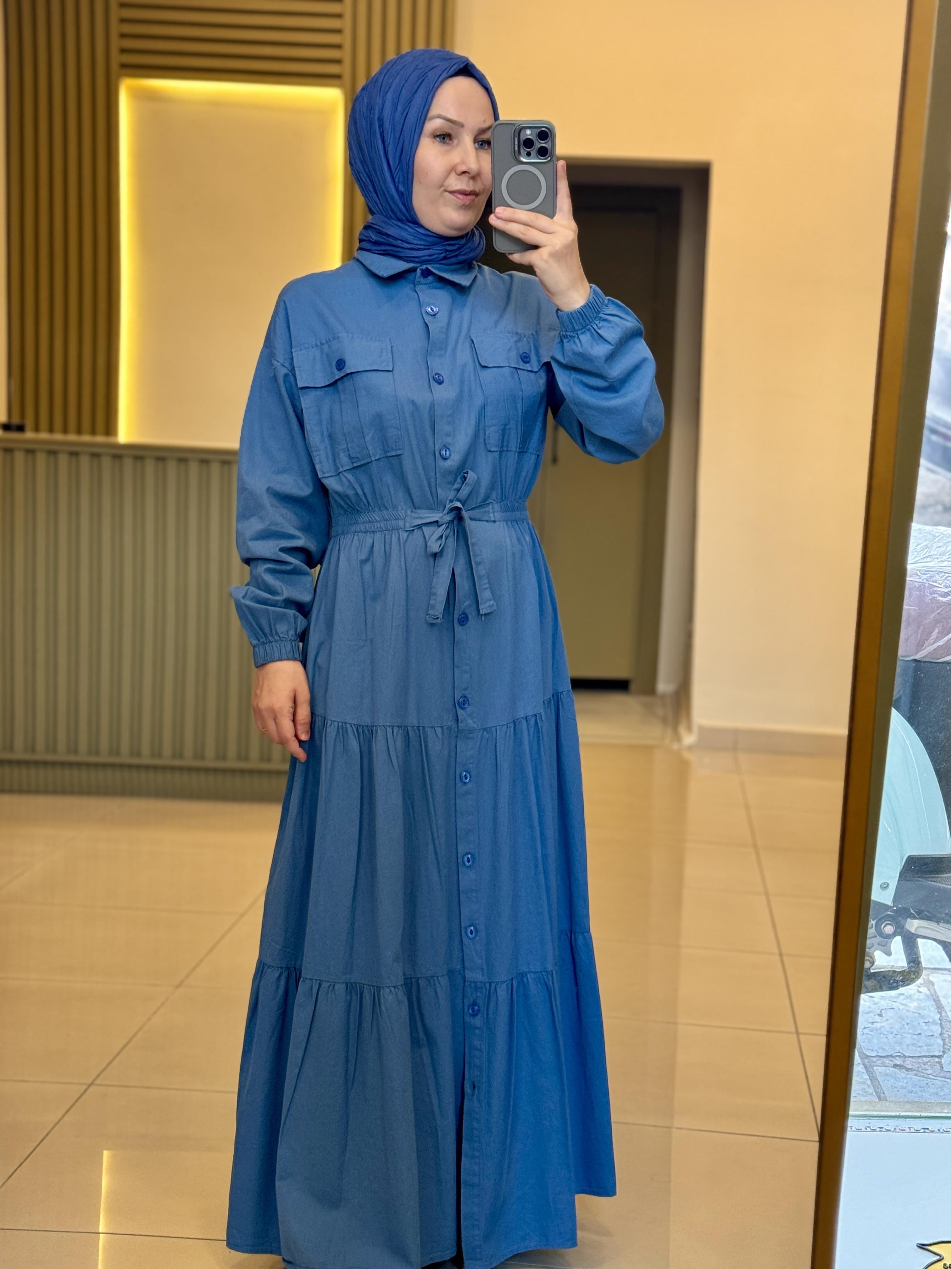 Gabardın Kumaş Cepli Elbise- mavi