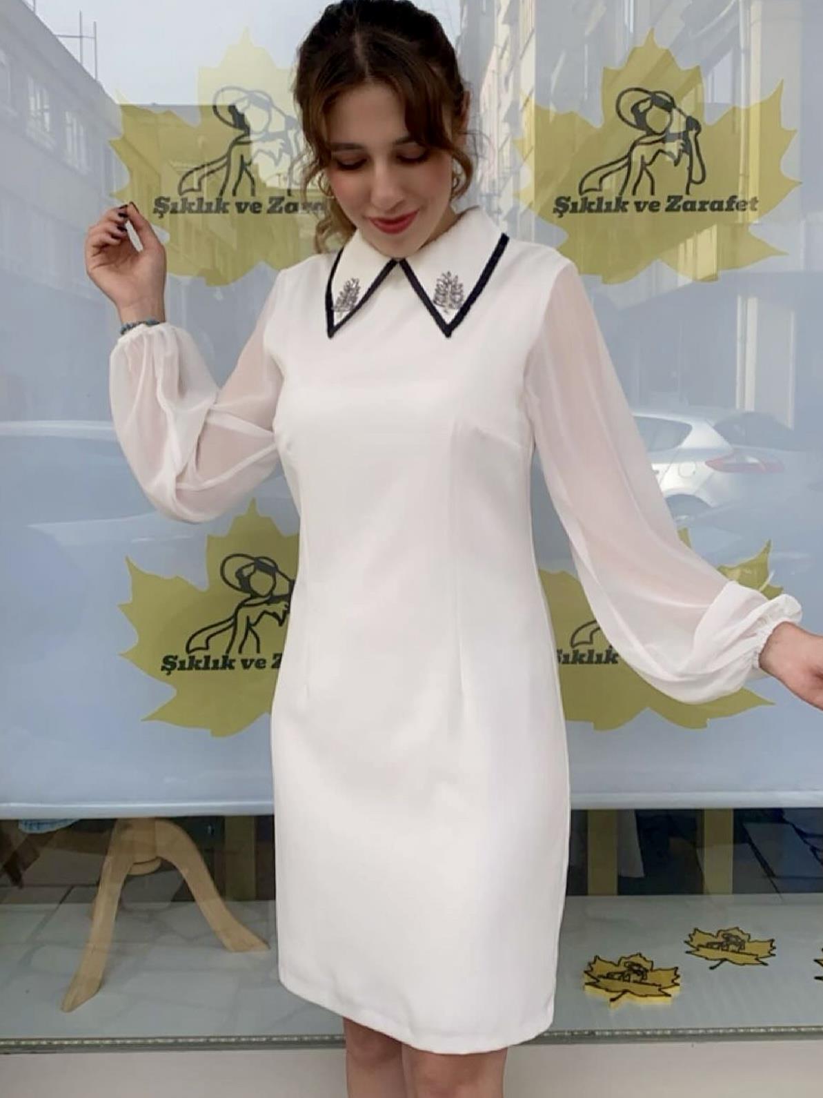 Şifon kol klasik elbise- beyaz
