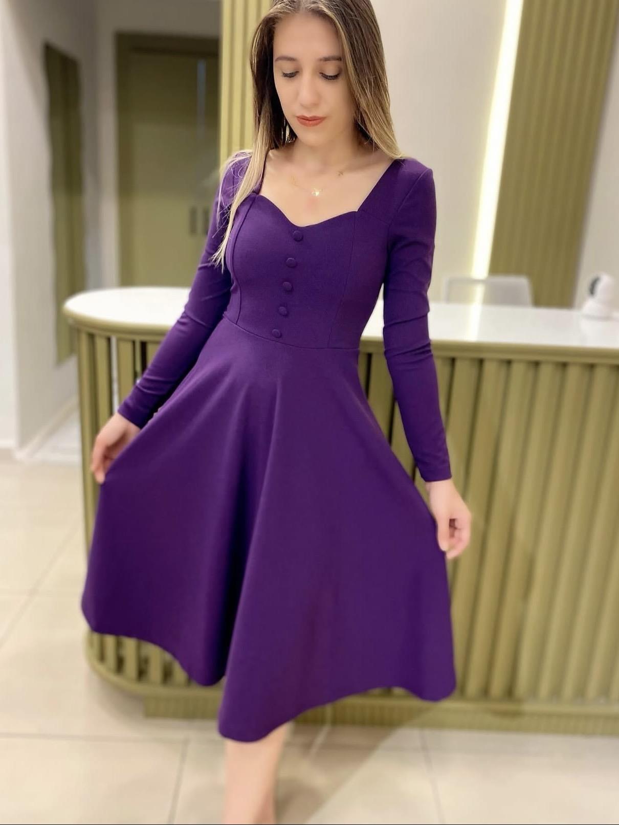 Düğme detaylı hena elbise- mor