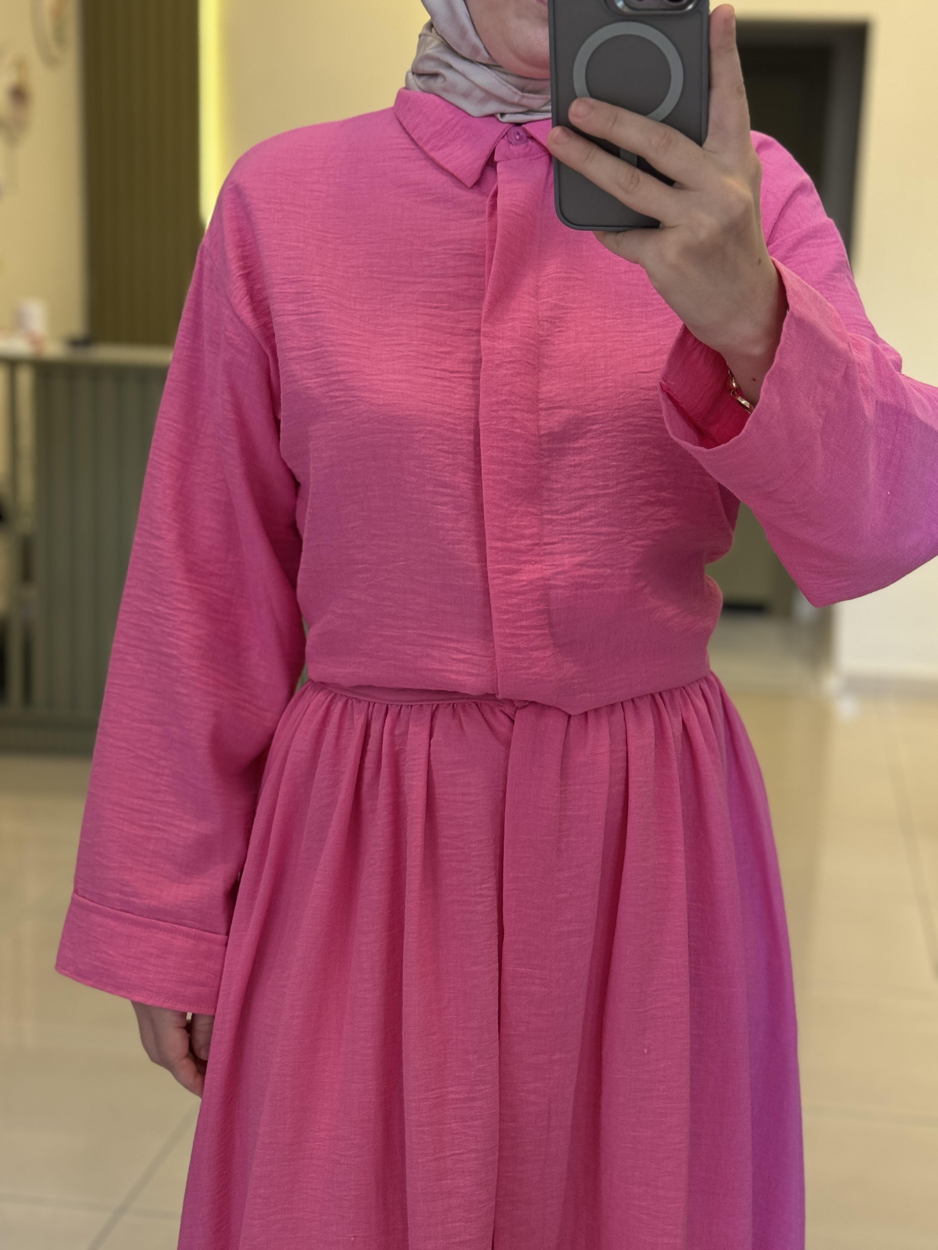 Eteği Düğmeli Takım- Pembe