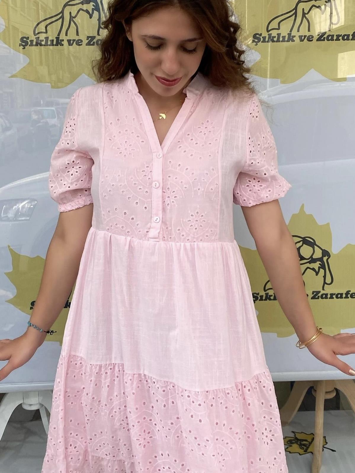 Fistolu Keten Elbise- Açık Pembe