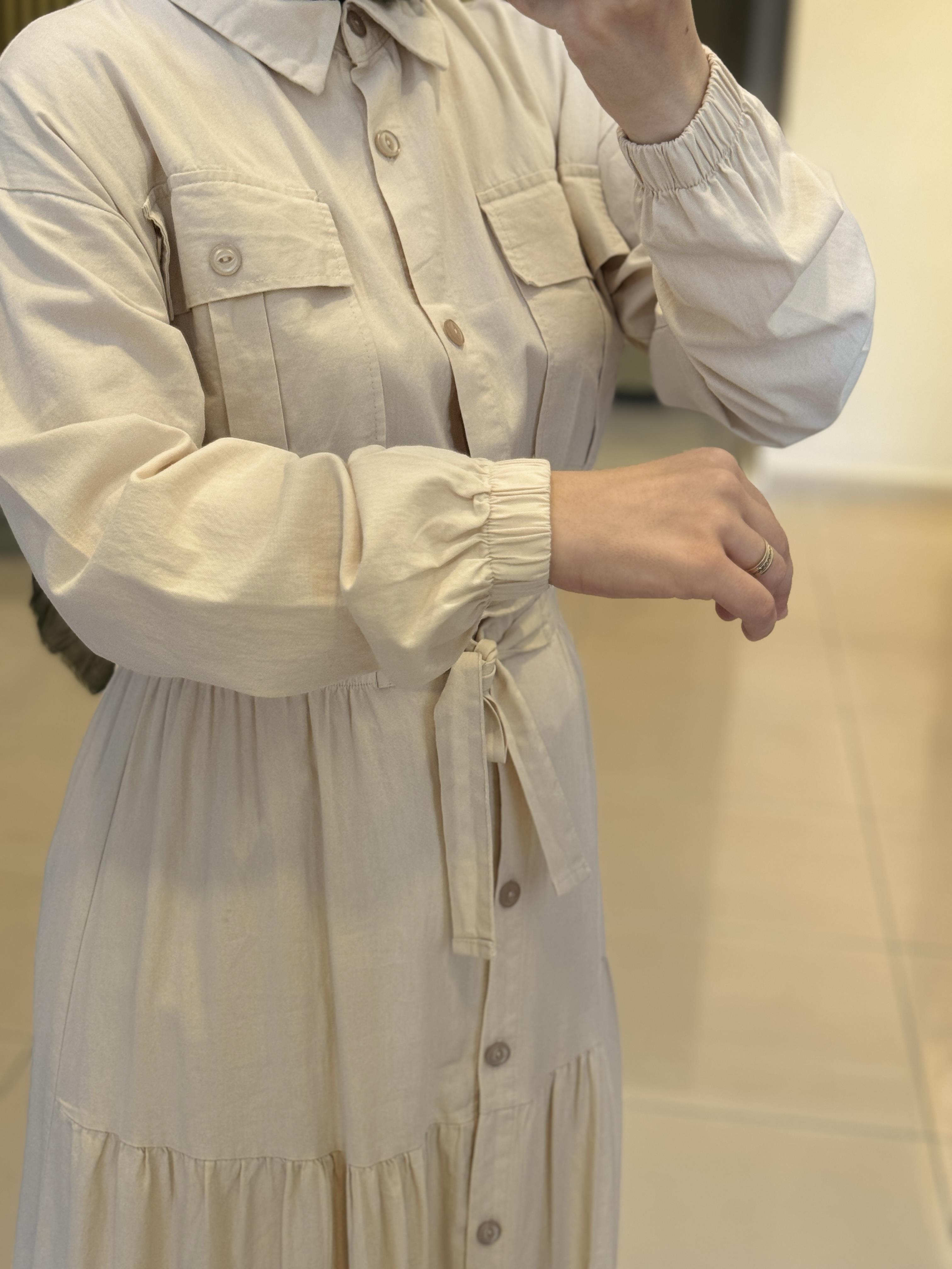 Gabardın Kumaş Cepli Elbise- krem