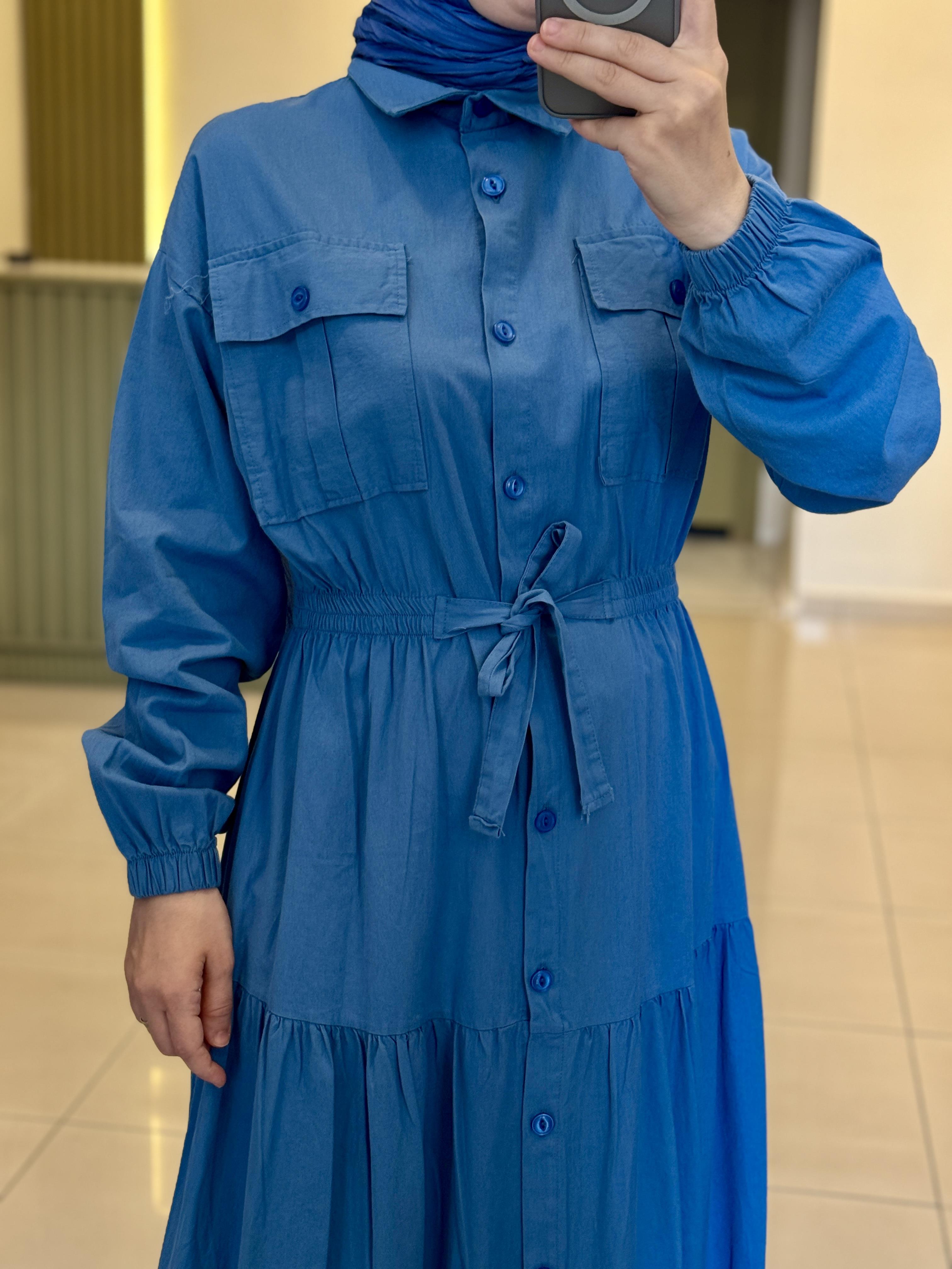 Gabardın Kumaş Cepli Elbise- mavi