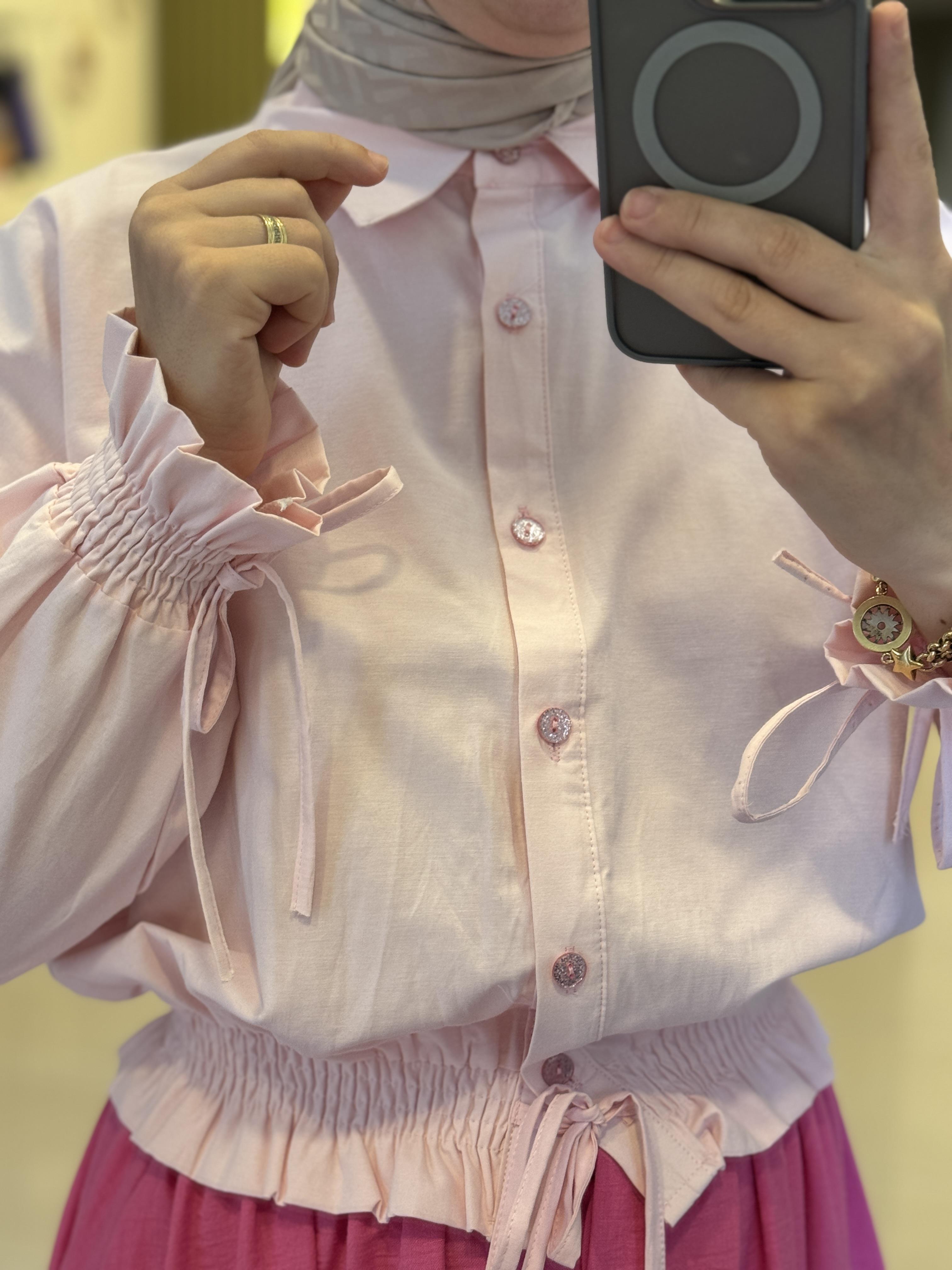 Kolları Ve Etek Ucu Lastikli Gömlek- Pudra pembe