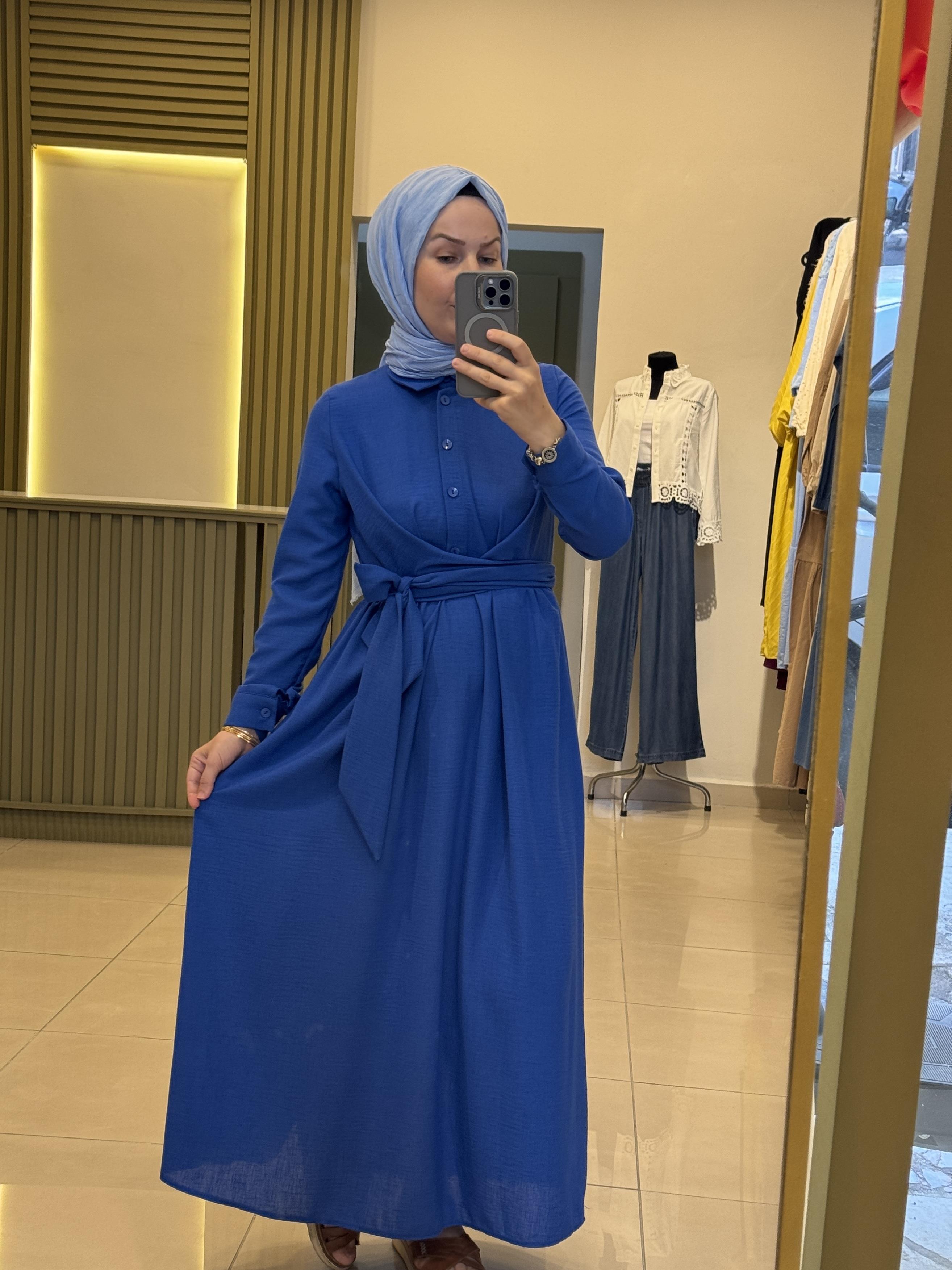 Kruvaze Bağlama Detaylı Elbise saks mavisi