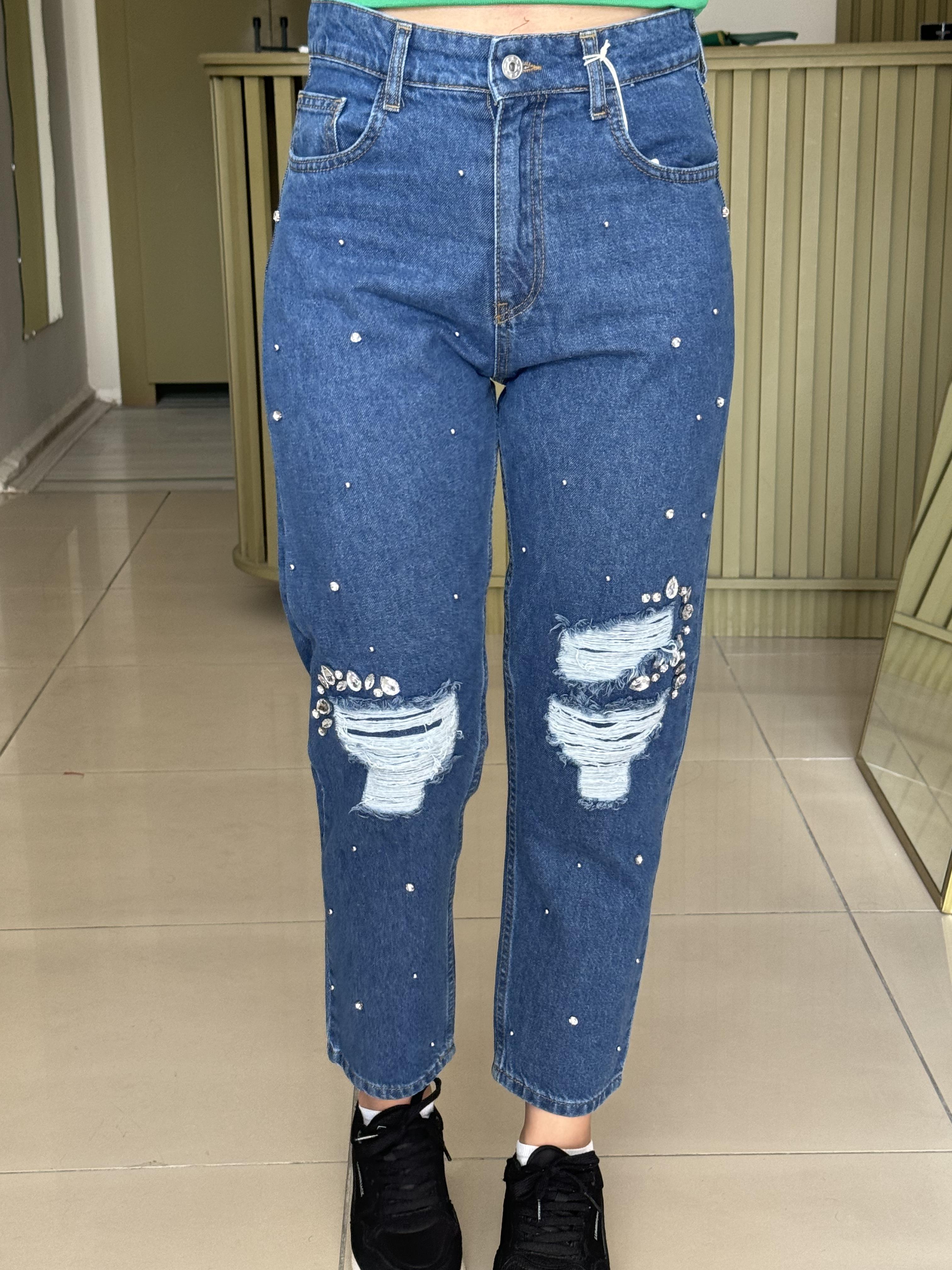 Taşlı boyfriend kot pantolon- koyu mavi
