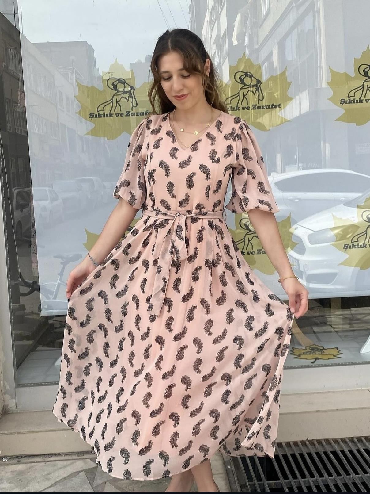 Yaprak Desenli Midi Şifon Elbise- pudra pembe