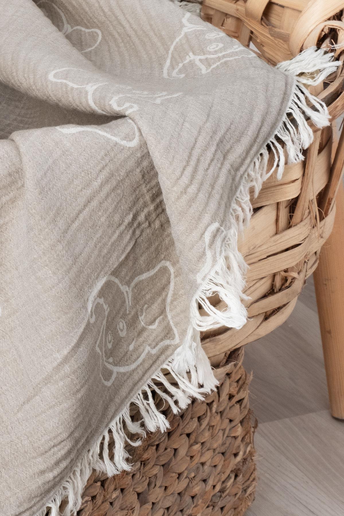 Bebek 2 Kat Jakarlı Müslin Örtü Elephant - Kahve