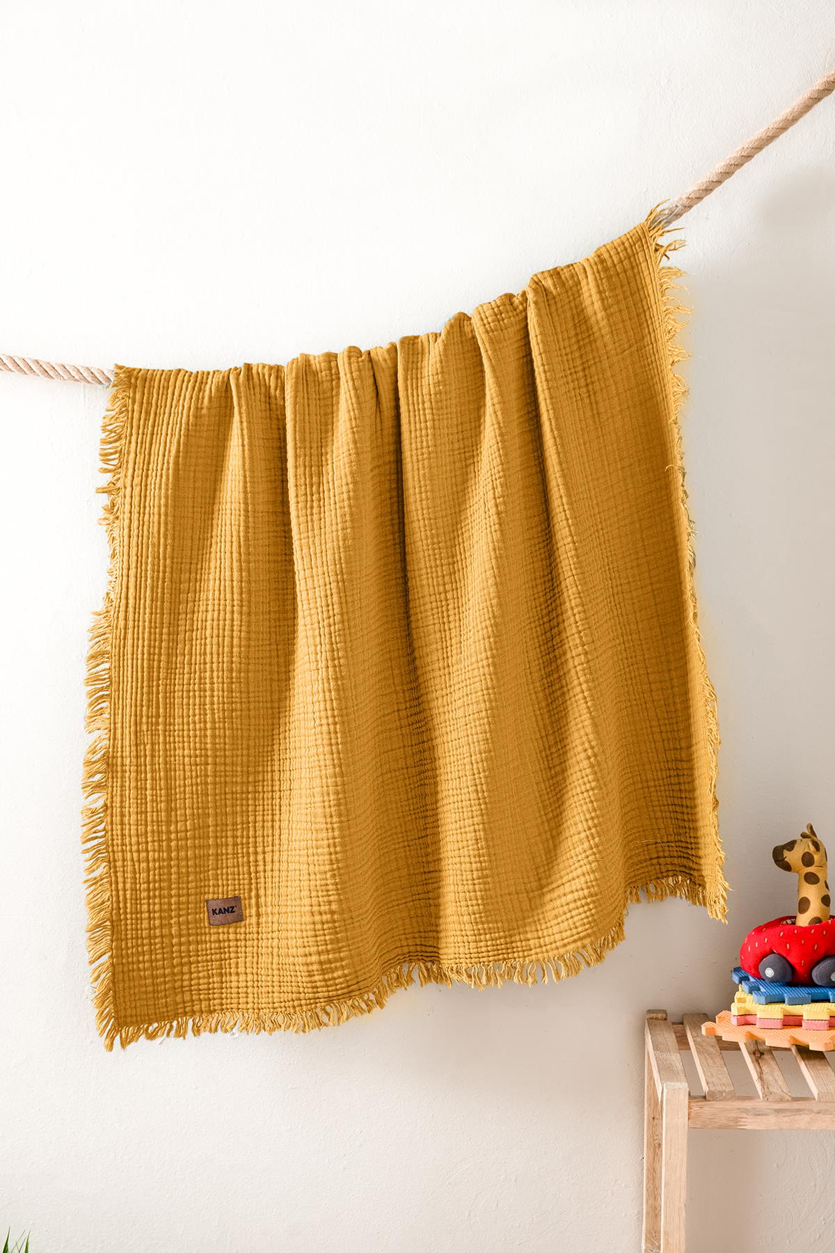 Bebek 4 Kat %100 Pamuk Müslin Örtüsü 100x120 - Hardal