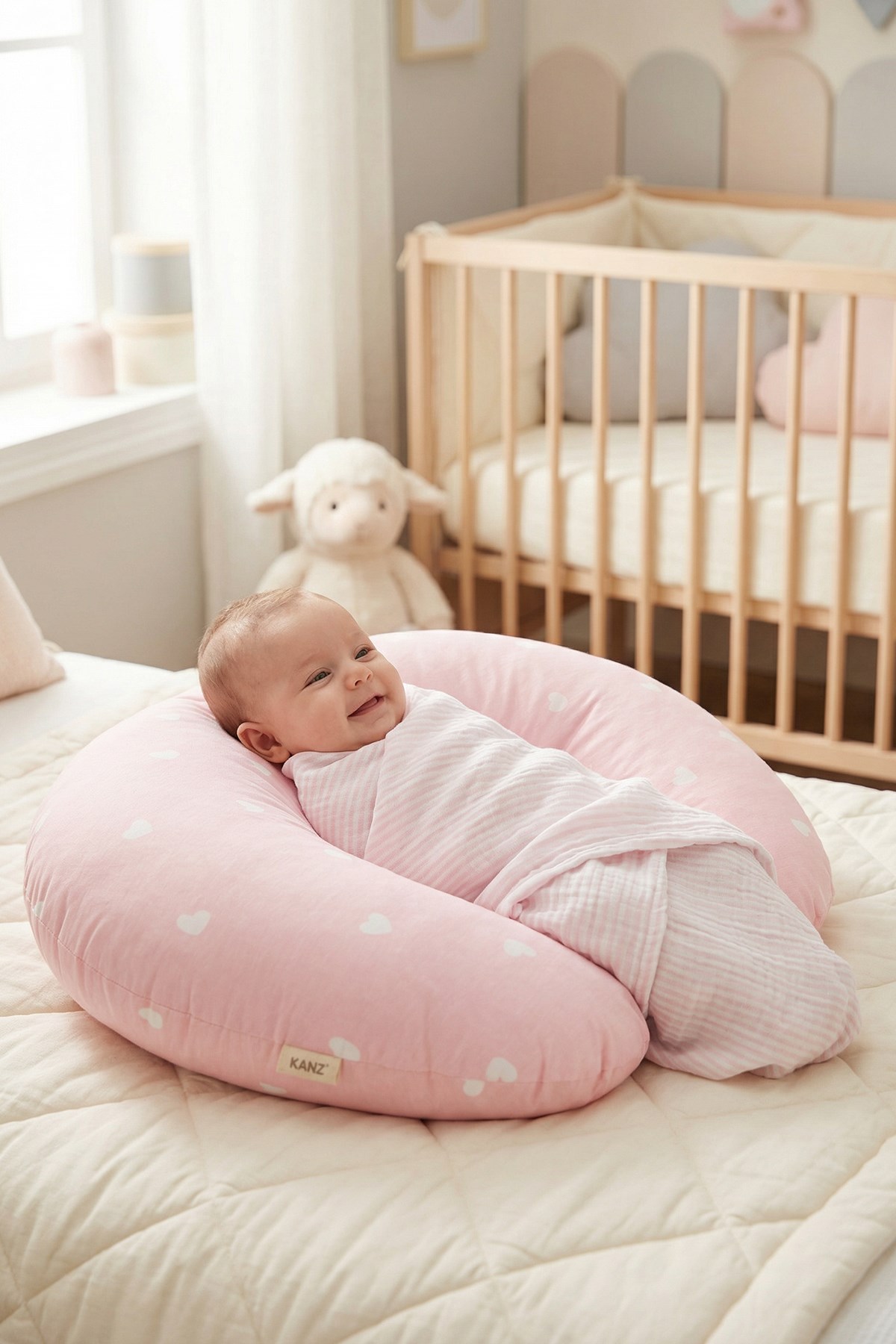 Bebek Emzirme ve Destek Minderi Yıkanabilir Kılıf - White Heart